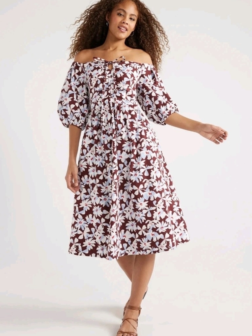 Free Assembly Women's Ruched Halter Dress with Puff Sleeves